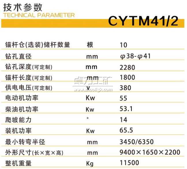 CYTM41/2矿用液压锚杆钻车技术参数
